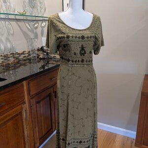 Bila Embroidered Elephant Boho Midi Dress LP Olive Green Made in India Tie Waist